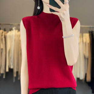 一线成衣半高领羊毛背心女无袖打底衫秋季黑色打底衫宽松针织上衣