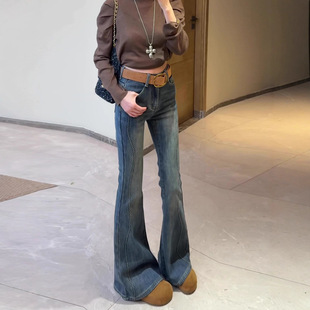 复古蓝超好看微喇叭牛仔裤女冬加绒高腰显瘦修身弹力直筒马蹄裤子