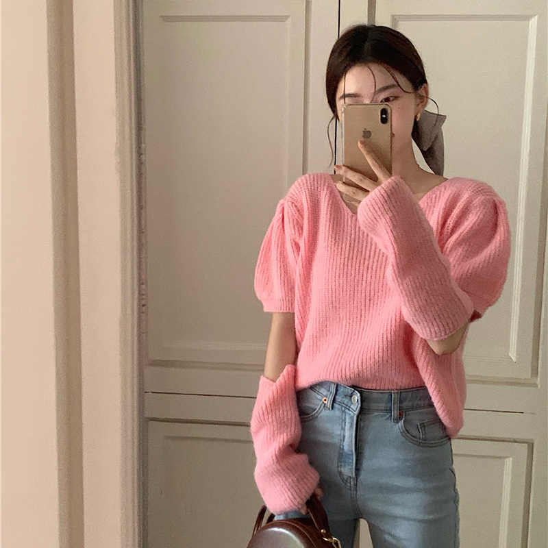 韩国chic前后两穿泡泡袖毛衣女2025早秋新款甜美气质针织衫配袖套