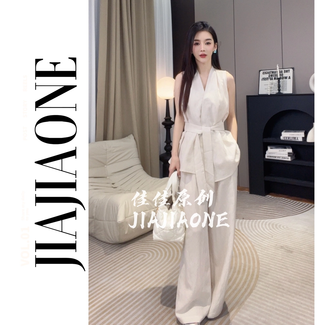 JME夏季新款时尚气质设计感收腰亚麻上衣宽松阔腿裤2819