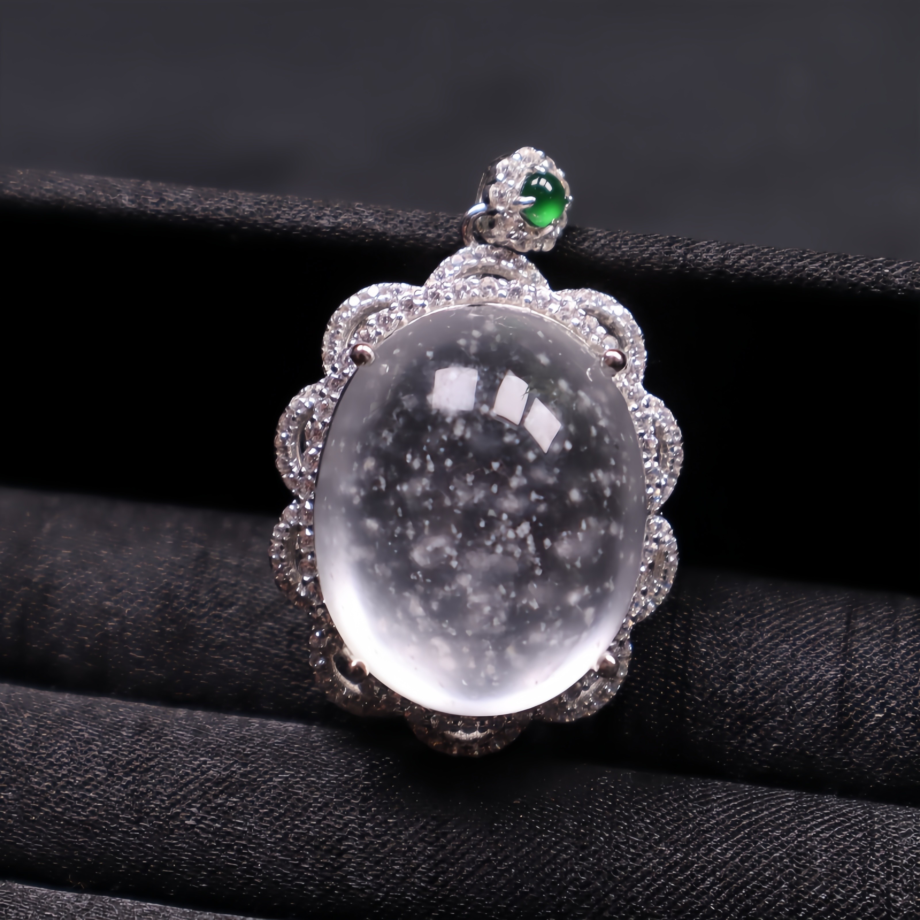 纯雪花棉缅甸天然水沫玉 s925银镶嵌 豪华镶嵌 鸽子蛋 蛋面吊坠