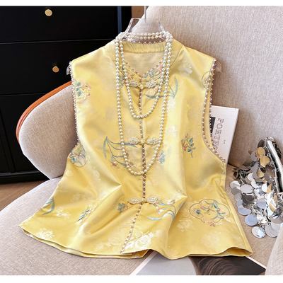 新中式国风马甲女秋季唐装盘扣坎肩重工印花钉珠无袖背心百搭马夹