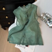 提花衬衫 新中式 计感小众外搭无袖 2026新款 上 国风绿色马甲女春季