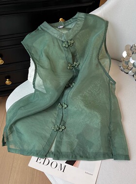 新中式国风绿色马甲女春季2026新款计感小众外搭无袖提花衬衫上