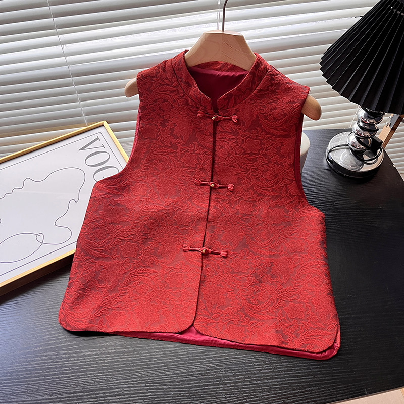 新中式国风盘扣红色提花马甲2026春季新款无袖时尚上衣时髦坎肩女,女装/女士精品,马夹,淘宝优惠券,粉丝福利购,淘宝优惠卷