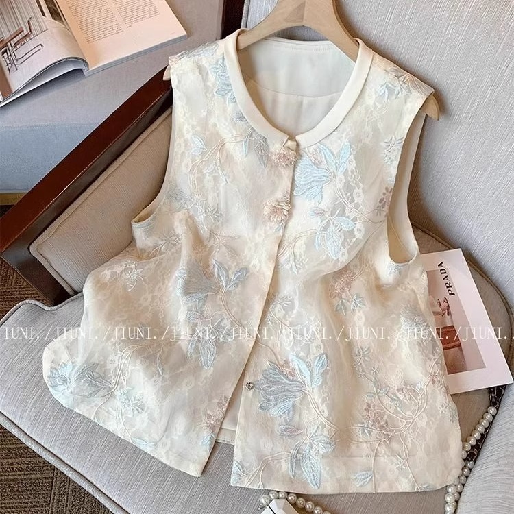 新中式国风马甲女夏季新款蕾丝刺绣马夹背心复古圆领无袖坎肩外套