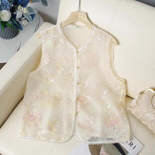 外穿无袖新中式国风潮款刺绣夏季新款欧根纱钉珠盘扣薄款坎肩马甲