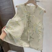 国风新中式 女背心 马甲提花百搭复古手工盘扣上衣洋气外搭无领大码