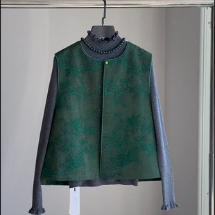 秋款 老钱风复古独特别致高级感超好看小个子绿色马甲上衣女 新中式