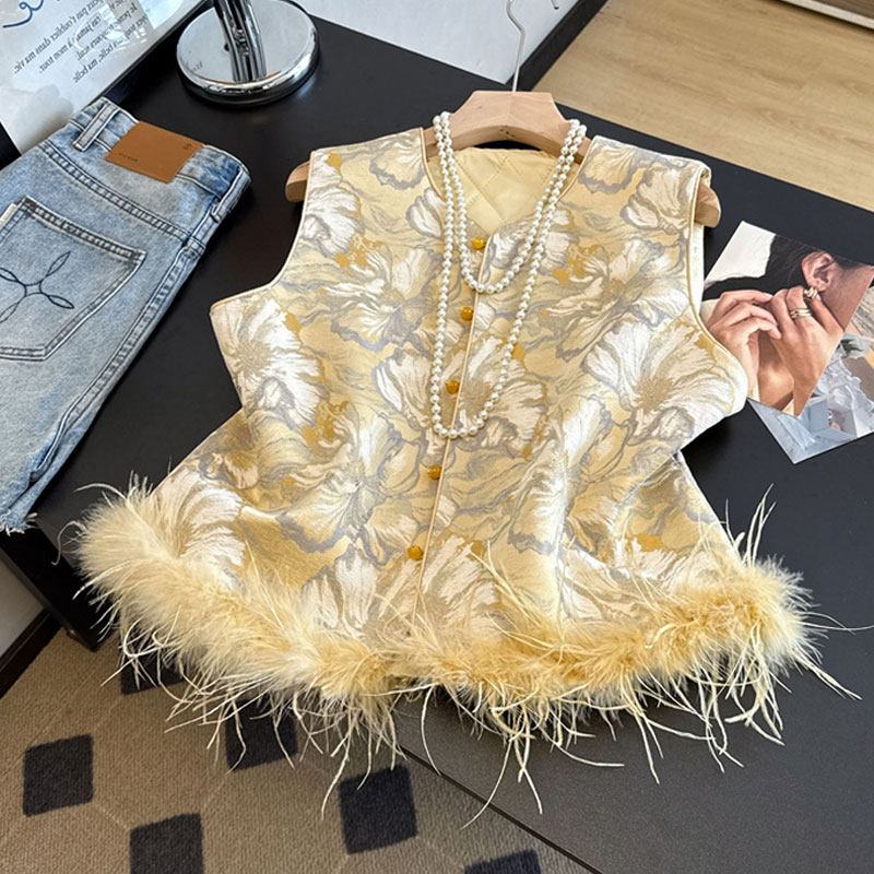 秋冬夹棉外穿减龄气质高端背心复古高级感新中式国风鸵鸟毛马甲女
