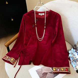 减龄气质新中式上衣红色国风提花长袖小衫复古盘扣爆款高档衬衫女