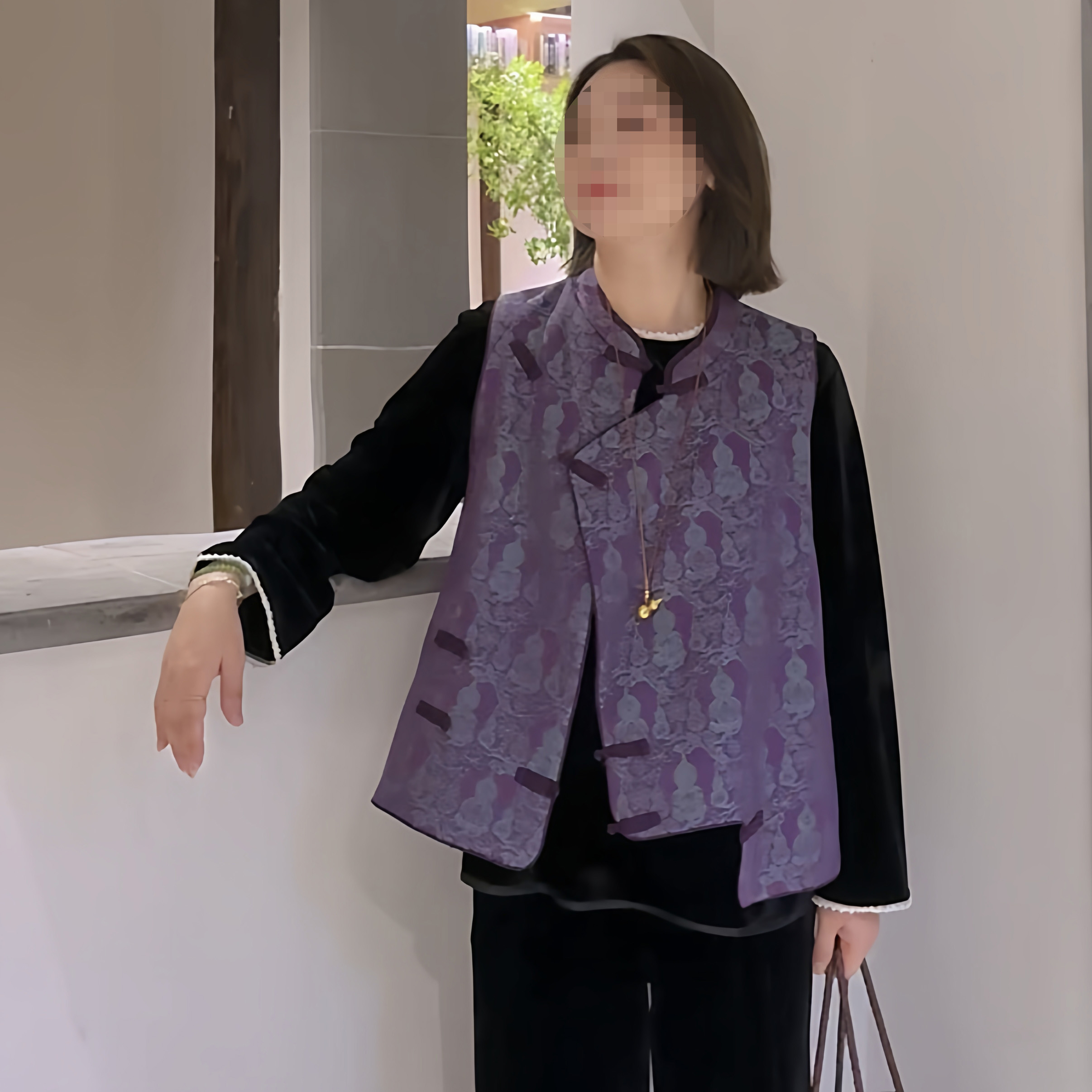 新中式国风马甲外穿秋冬女夹棉加厚背心盘扣斜襟改良唐装紫色上衣