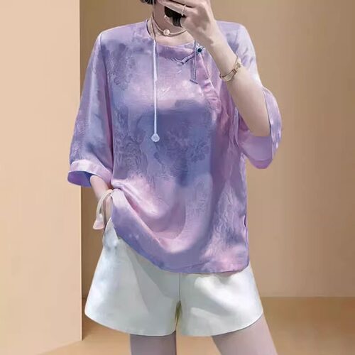 复古提花紫色斜襟盘扣衬衫女2026年夏款新中式醋酸缎面七分袖上