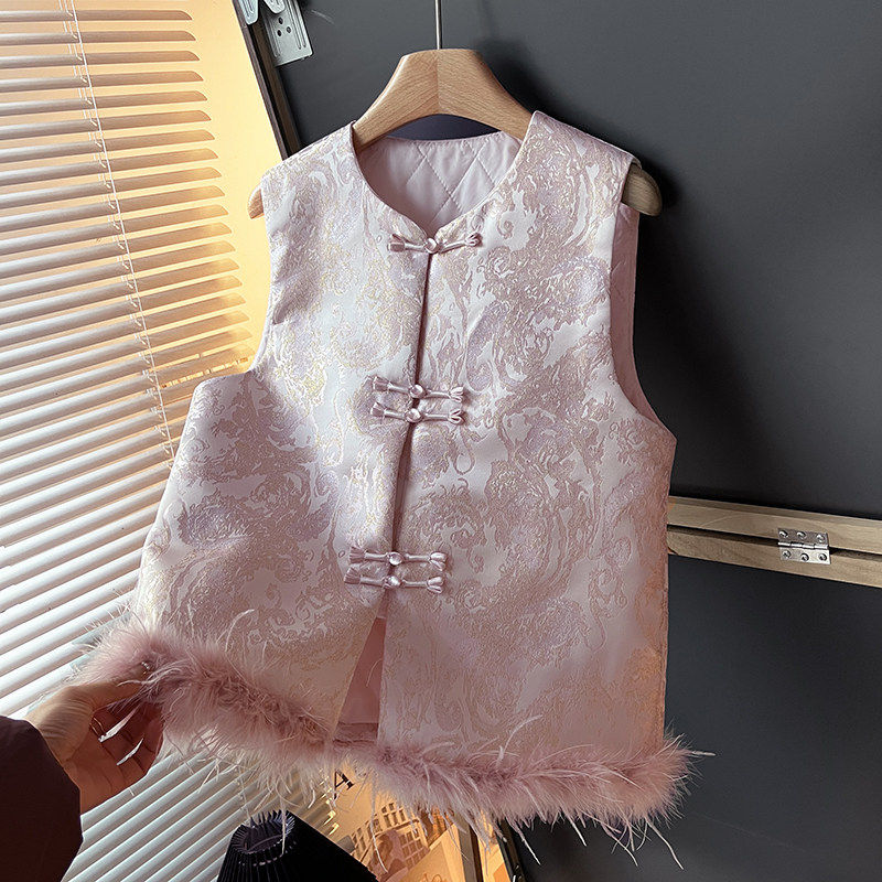 高级感夹棉保暖马夹新中式复古提花背心盘扣外穿国风加厚上衣马甲