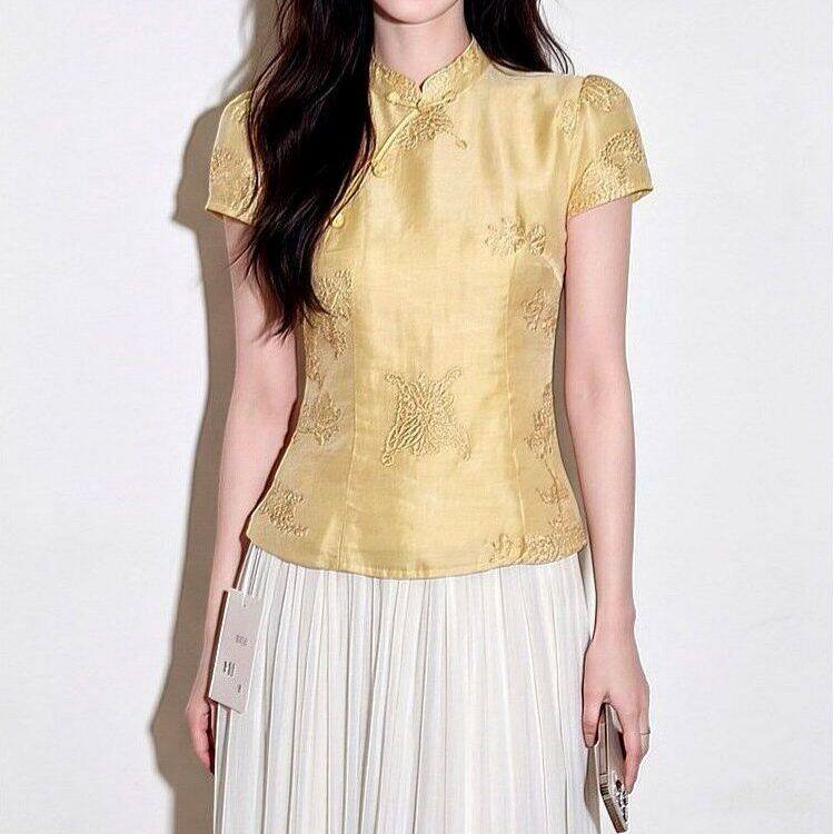 新中式风立领盘扣上衣女黄色气质显瘦高级感短袖2026年夏季衬衫图片