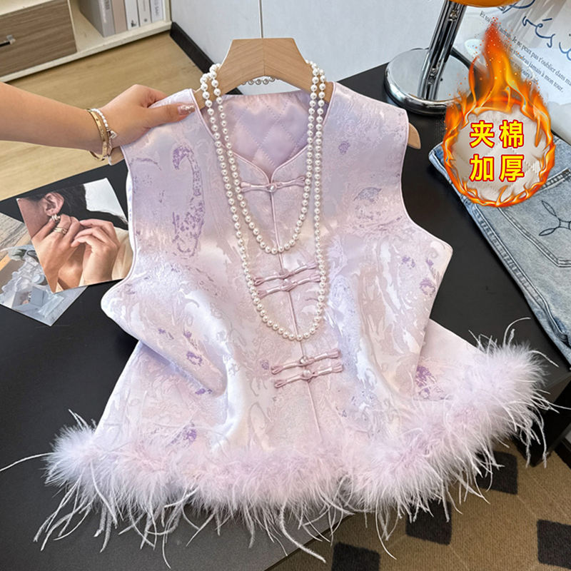 缎面国风马甲新中式夹棉外套秋冬盘扣提花坎肩背心鸵鸟毛马夹女款