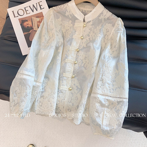 新中式泡泡袖蕾丝衬衫女早秋气质国风提花百搭显瘦打底衫别致上衣