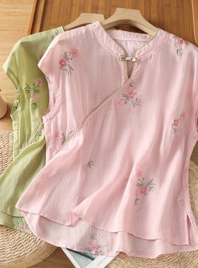 圆领短袖T恤女洋气小众斜襟盘扣上衣2025夏季新中式国风绿色印花
