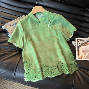 新中式 薄款 高贵 女蕾丝镂空高档国风上衣女绿色上衣衬衫 高端感短袖