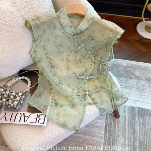 衬衫 印花盘扣无袖 女禅意国风旗袍领网纱小上 绿色2026夏款 新中式