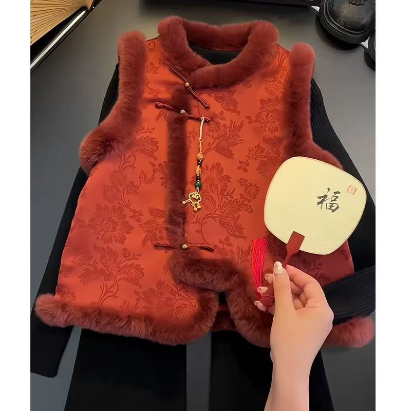 新中式国风本命年红色今年流行背心秋冬洋气盘扣夹棉马甲保暖上衣