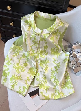 新中式绿色马甲国风年轻款高级感春夏外穿背心女非遗圆领背心大码