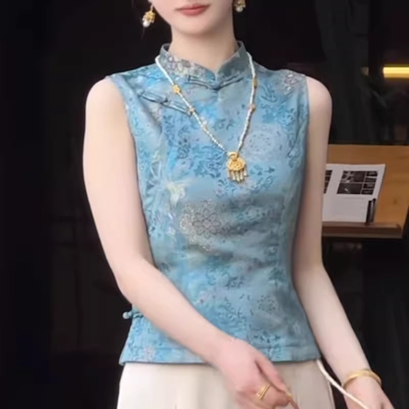新中式2025年温柔气质无袖上衣女夏复古国风改良旗袍小衫提花衬衫
