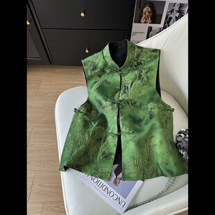 2026新中式 绿色刺绣马甲复古盘扣马甲春夏单面穿提花叠穿上衣外套