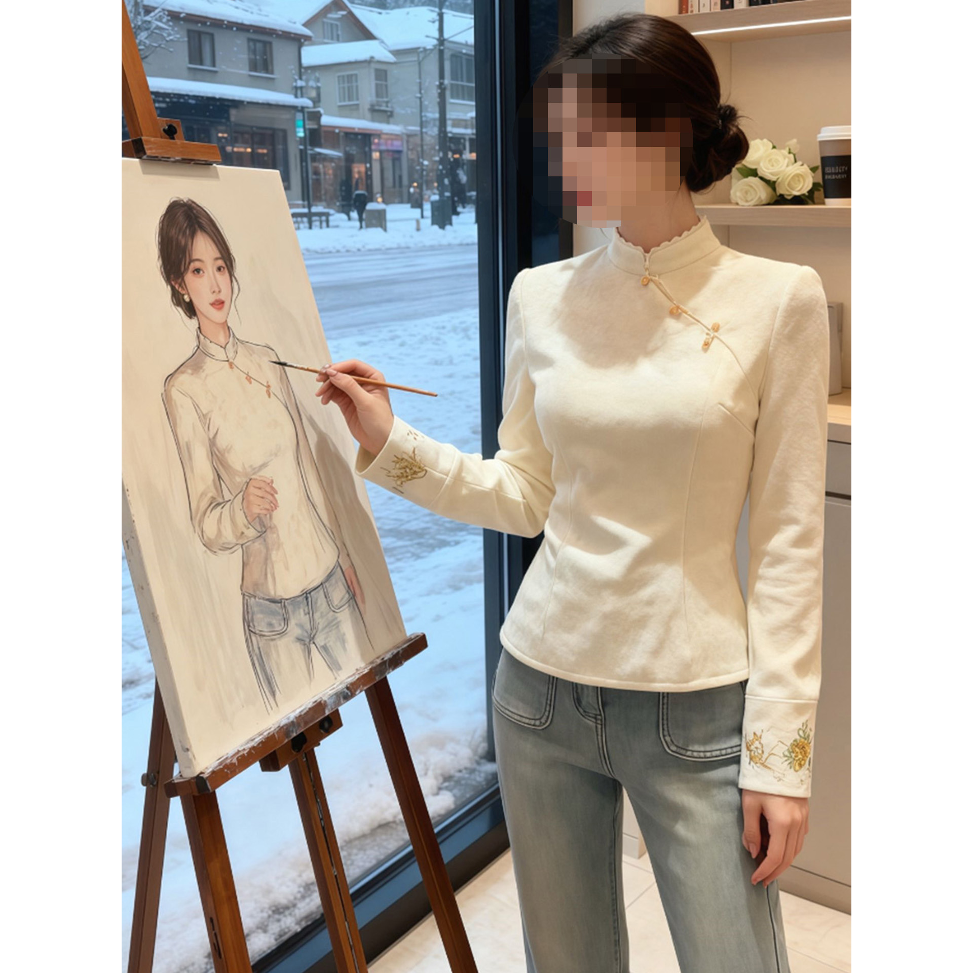 新中式国风印花提花加绒加厚上衣2025秋冬新款立领显瘦长袖女上衣