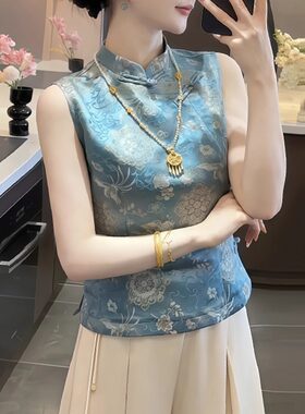 轻版新中式马夹旗袍盘扣民族风早秋立领小衫女秋冬季国风无袖衬衫