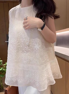 夏日篙定！精致优雅~重工钉珠刺绣百搭欧根纱白色宽松背心上衣女