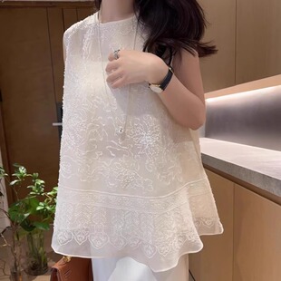 夏日篙定！精致优雅~重工钉珠刺绣百搭欧根纱白色宽松背心上衣女