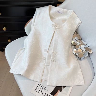 国风马甲女夏季2025新款白色复古圆领无袖坎肩外穿新中式改良唐装