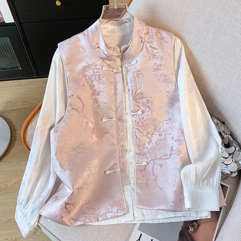 新中式国风马甲衬衫百搭高级感提花盘扣坎肩马夹背心女外搭早秋季