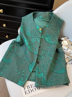 新中式绿色马甲女2025春夏新款国风复古气质别致百搭圆领马夹背心