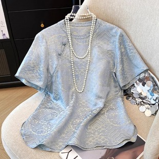 衬衫 国风立体感提花上衣复古斜襟超仙爆款 新中式 小衫 女夏 立领短袖