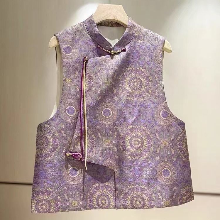 秋装女款2025年新款今年流行女装新中式宋锦斜襟紫色八达运马甲