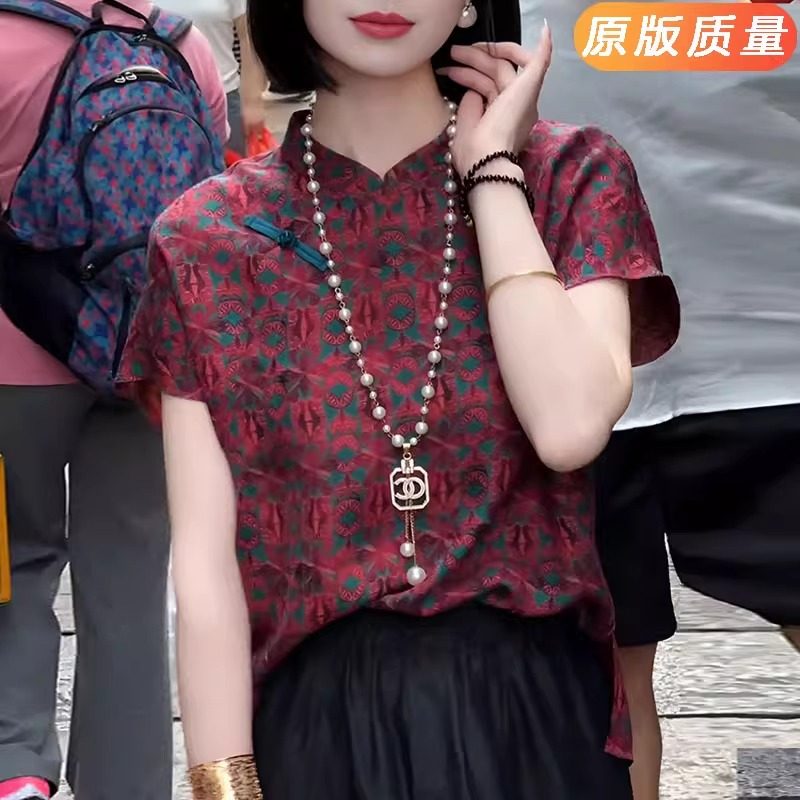 国风高级感上衣新中式改良立领斜襟盘扣小衫百搭提花短袖衬衫女夏