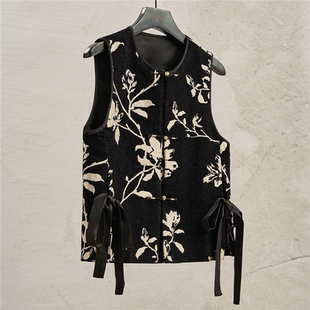 新中式马甲国风上衣黑色提花无袖叠穿马甲轻国风女装2025新款春季