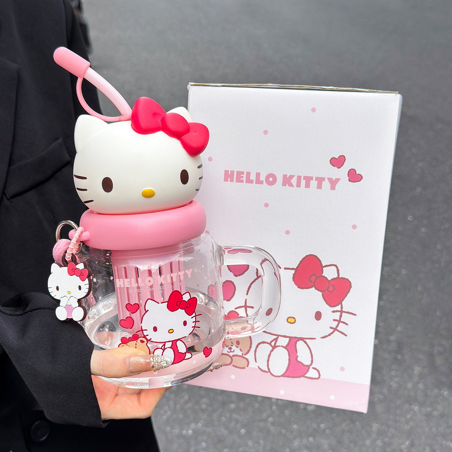 送闺蜜女生日礼物实用helloKitty大肚玻璃杯吸管水杯带手柄泡茶杯
