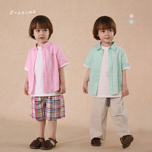 允儿妈男女童2025新款纯亚麻刺绣衬衣宝宝儿童夏季百搭短袖衬衫潮