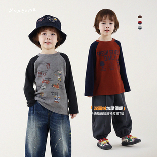 允儿妈男童冬季加厚双面绒卡通插肩袖打底衫 儿童德绒保暖T恤上衣