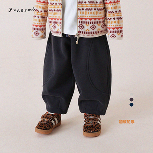 男孩冬季卡通印花加绒阔腿裤允儿妈男童加厚休闲裤儿童保暖裤子潮