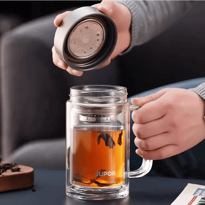 苏泊尔双层玻璃杯泡茶杯带滤网大容量办公杯450ML带手柄KC45HK10