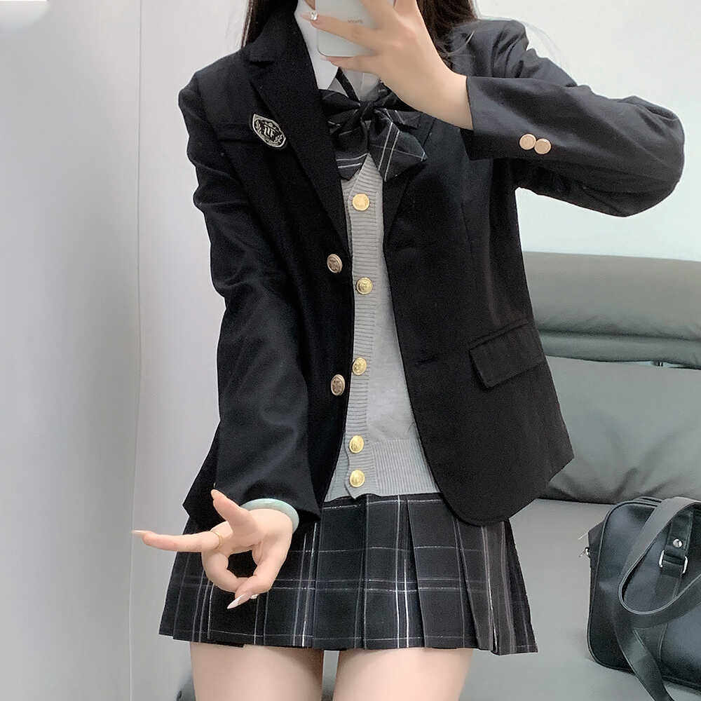 织野鹿jk制服西装外套女秋冬新款学院风黑色薄款百搭宽松西服套装
