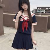 绀色三本水手服百褶裙套装 短袖 日系中间服基础款 织野鹿原创jk正版