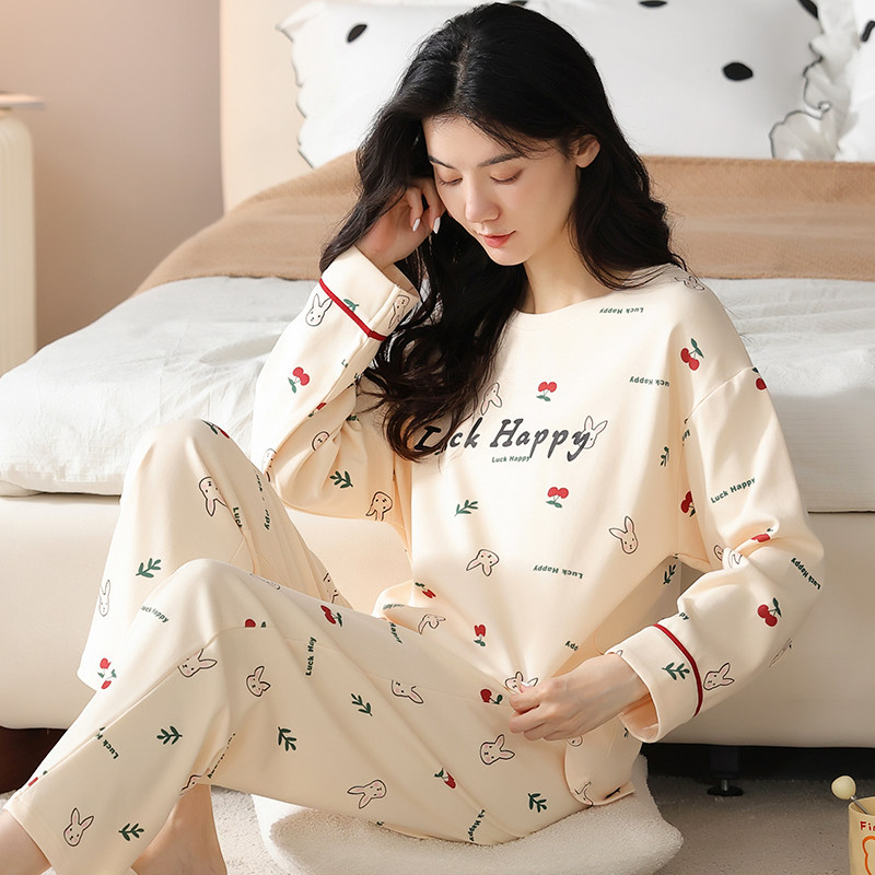 安舒媛纯棉睡衣女长袖长裤卡通印花家居服套装春秋款圆领大码宽松