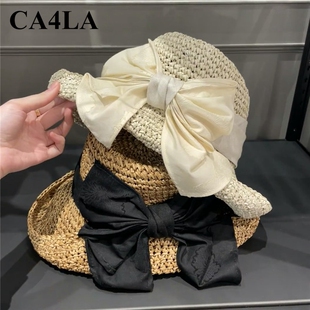 日本ca4la新款UV草帽女夏拉菲草度假风海边沙滩防晒遮阳帽渔夫帽
