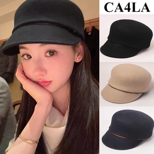 日本CA4LA新款羊毛呢马术帽秋冬小香风百搭鸭舌帽女显脸小报童帽