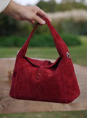 禾二HIR头层麂皮单肩斜挎手拎复古反绒牛皮真皮饭盒包